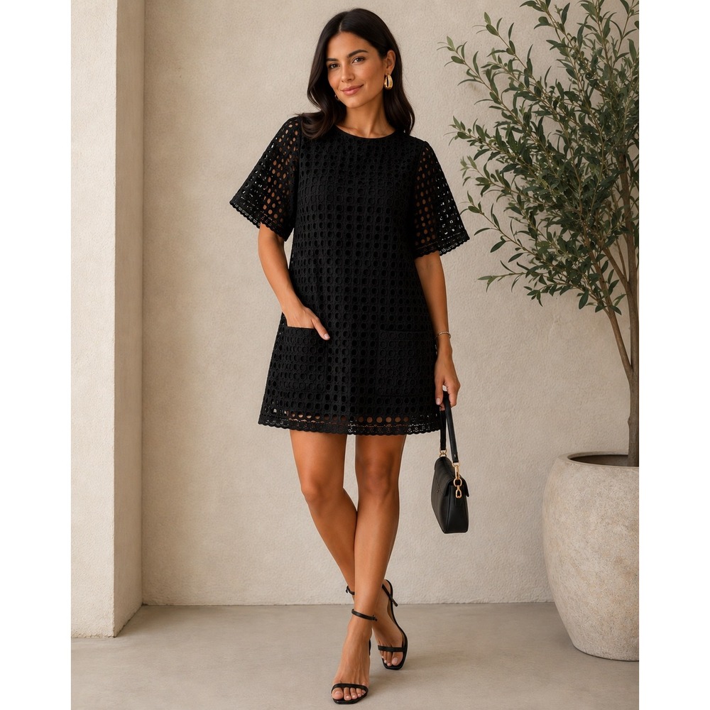 Priorities Dress Women Black Eyelet Lace Cotton Tunic Short Sleeve P51442 Size M